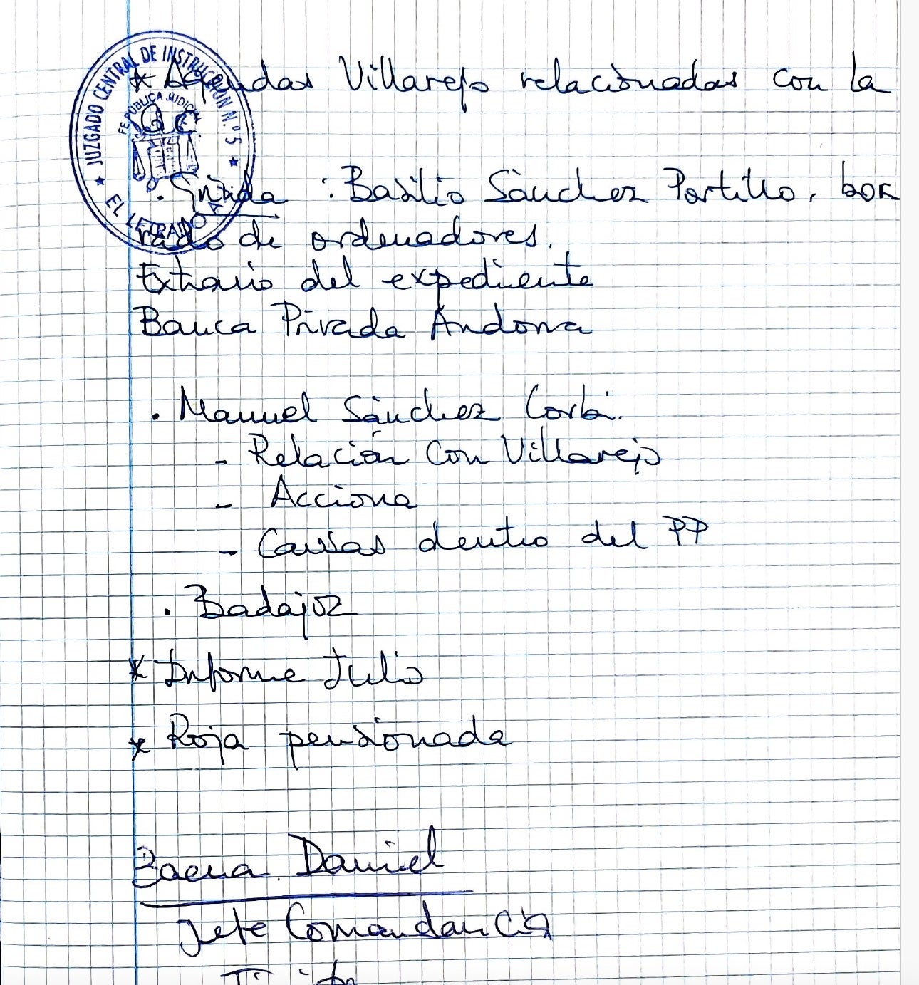 Parte de la libreta de Leire Díez intervenida por la Guardia Civil donde aparecen datos sobre la operación Catalunya/QS