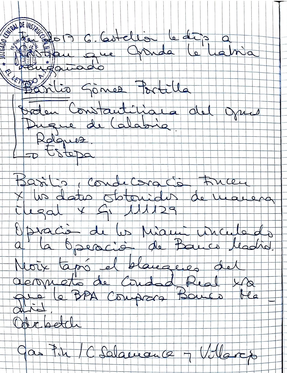 Part de la llibreta de Leire Díez exposant la informació del tinent coronel Basilio, una de les peces de la trama andorrana del Procés/QS