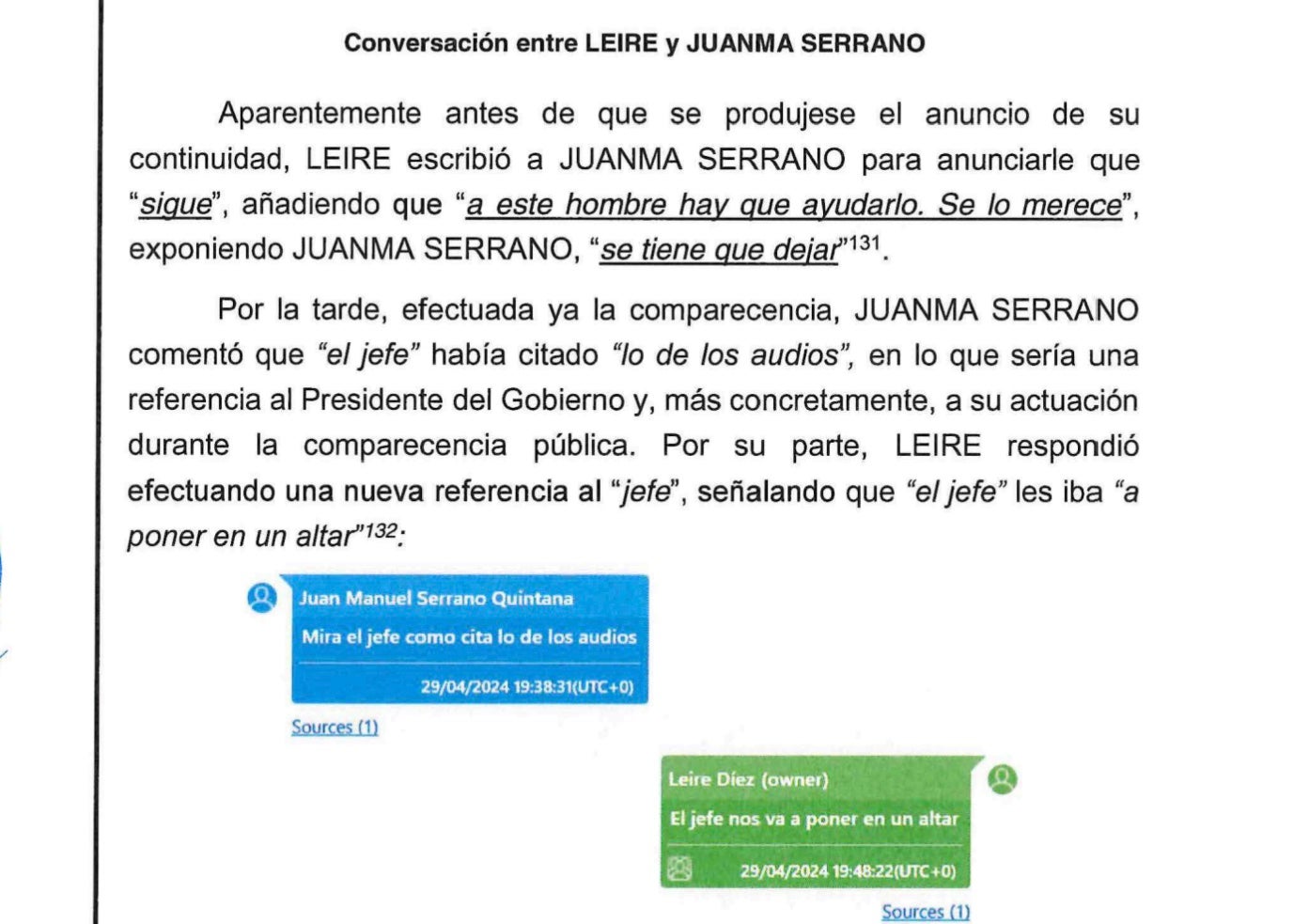 Part del sumari i dels atestats on es mostren les converses que apuntarien a què Sánchez tenia coneixement de la clavaguera del PSOE/QS