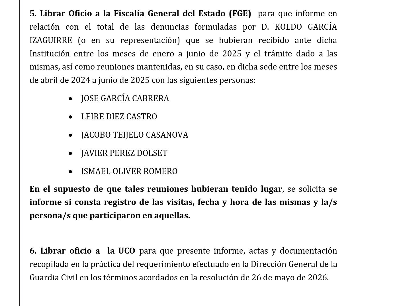 Part de la interlocutòria de Pedraz sol·licitant més diligències del cas Leire/QS