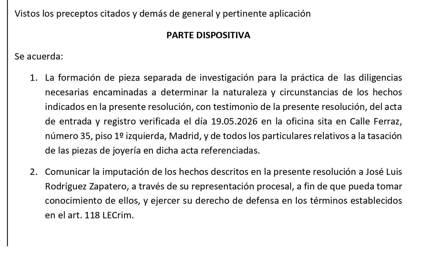 Parte dispositiva de la resolución que imputa dos delitos más a Zapatero/QS