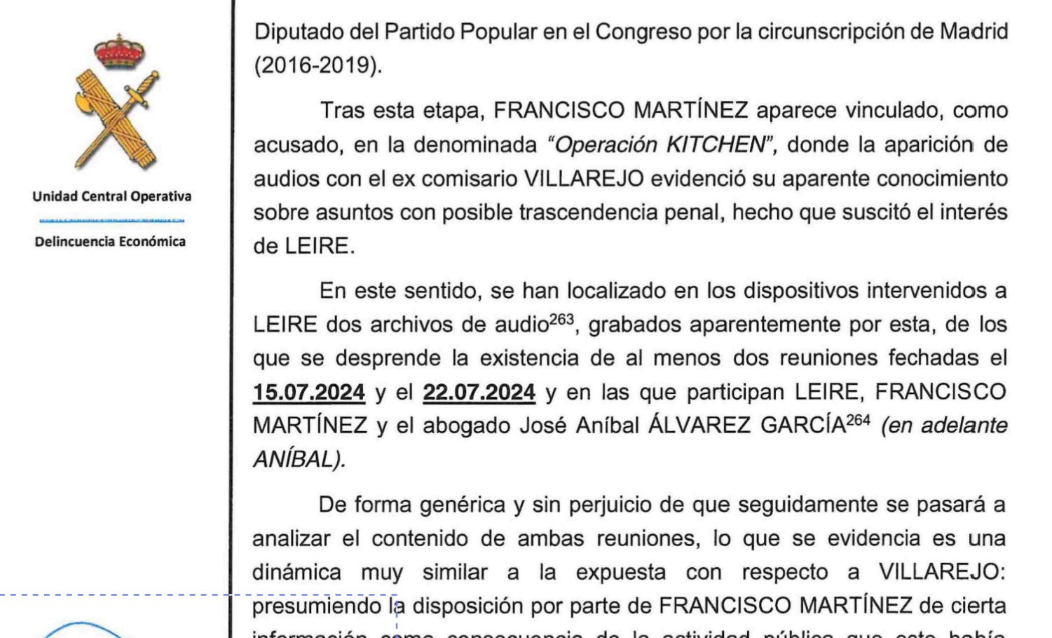 Part de l'atestat de l'UCO on recull les trobades de Martínez amb Díez