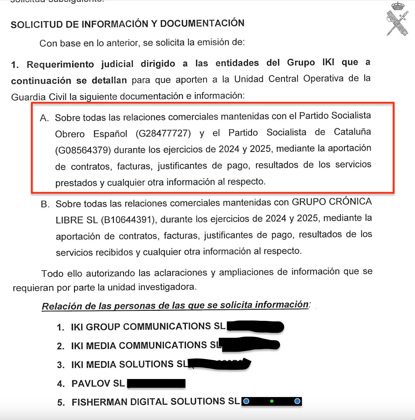Part de la petició que ha remès l'UCO al Jutge Pedraz per investigar la clavaguera del PSOE/QS