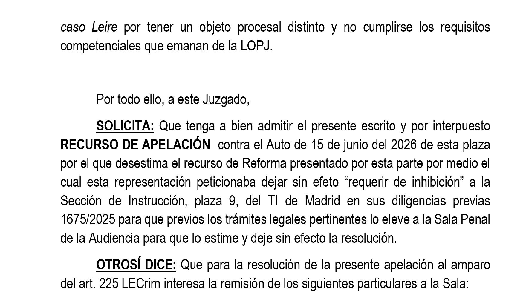 Part dispositiva del recurs d'apel·lació de Cerdán sobre l'apropiació de les dues causes Leire/QS