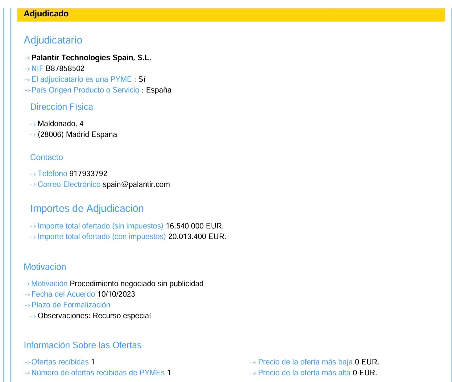 L'Adjudicació d'un dels dos contractes a Palantir/QS