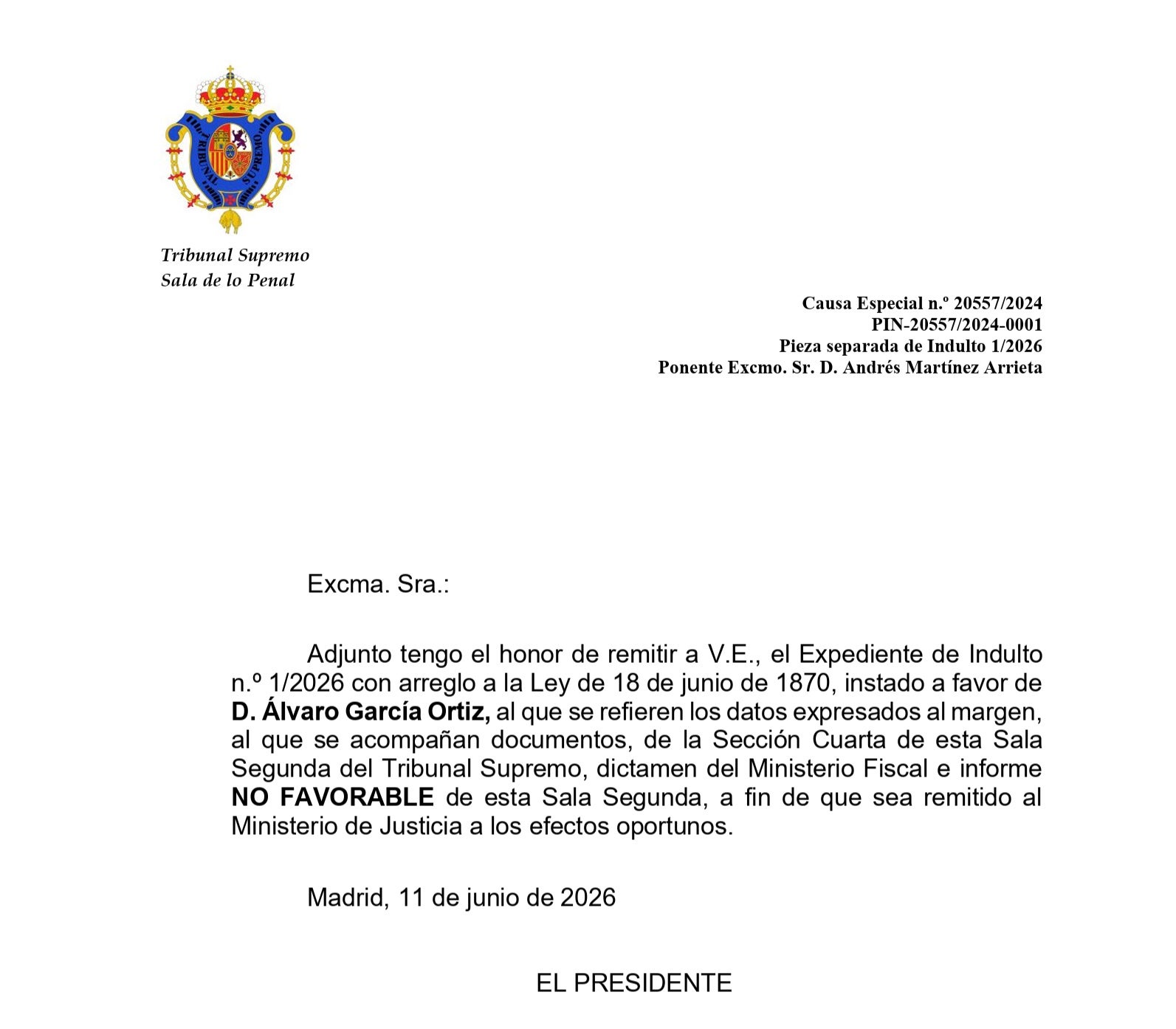 Cabecera del informe del Supremo informando en contra del indulto/QS
