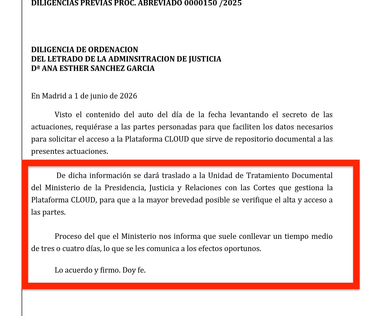 Part de la diligència on s'especifica com arribarà el material dels atestats a les parts que el jutge ha incorporat a la causa/QS