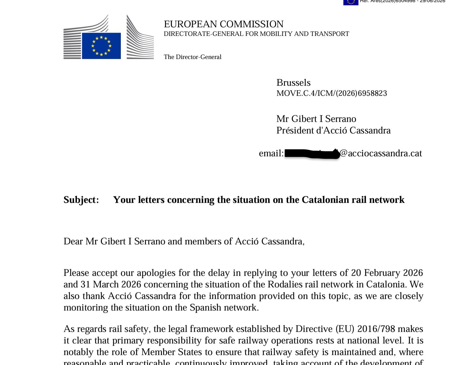 La resposta de Brussel·les a la carta de Cassandra per Rodalies/QS