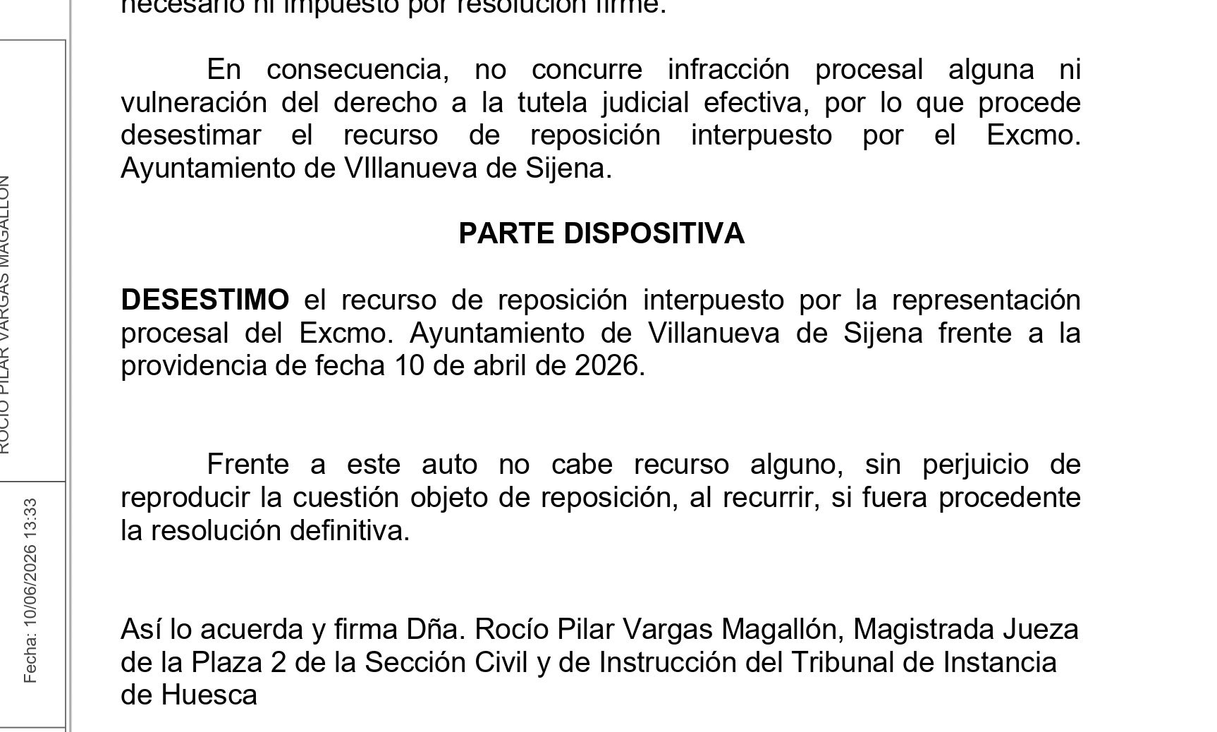 Part dispositiva de la interlocutòria de Sixena/QS