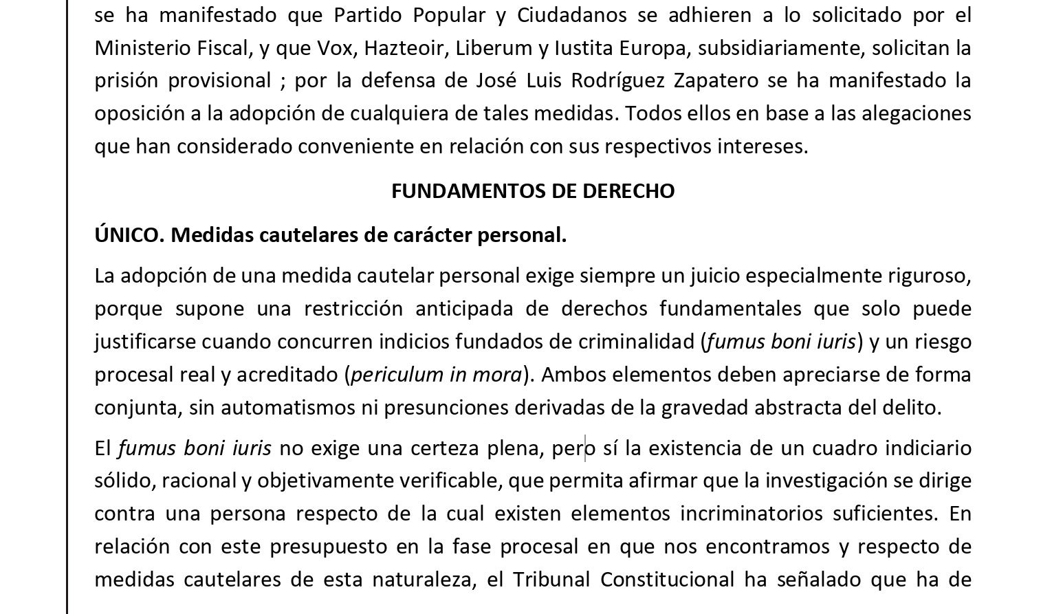Parte de la resolución del juez que no impone medidas cautelares a Zapatero/QS
