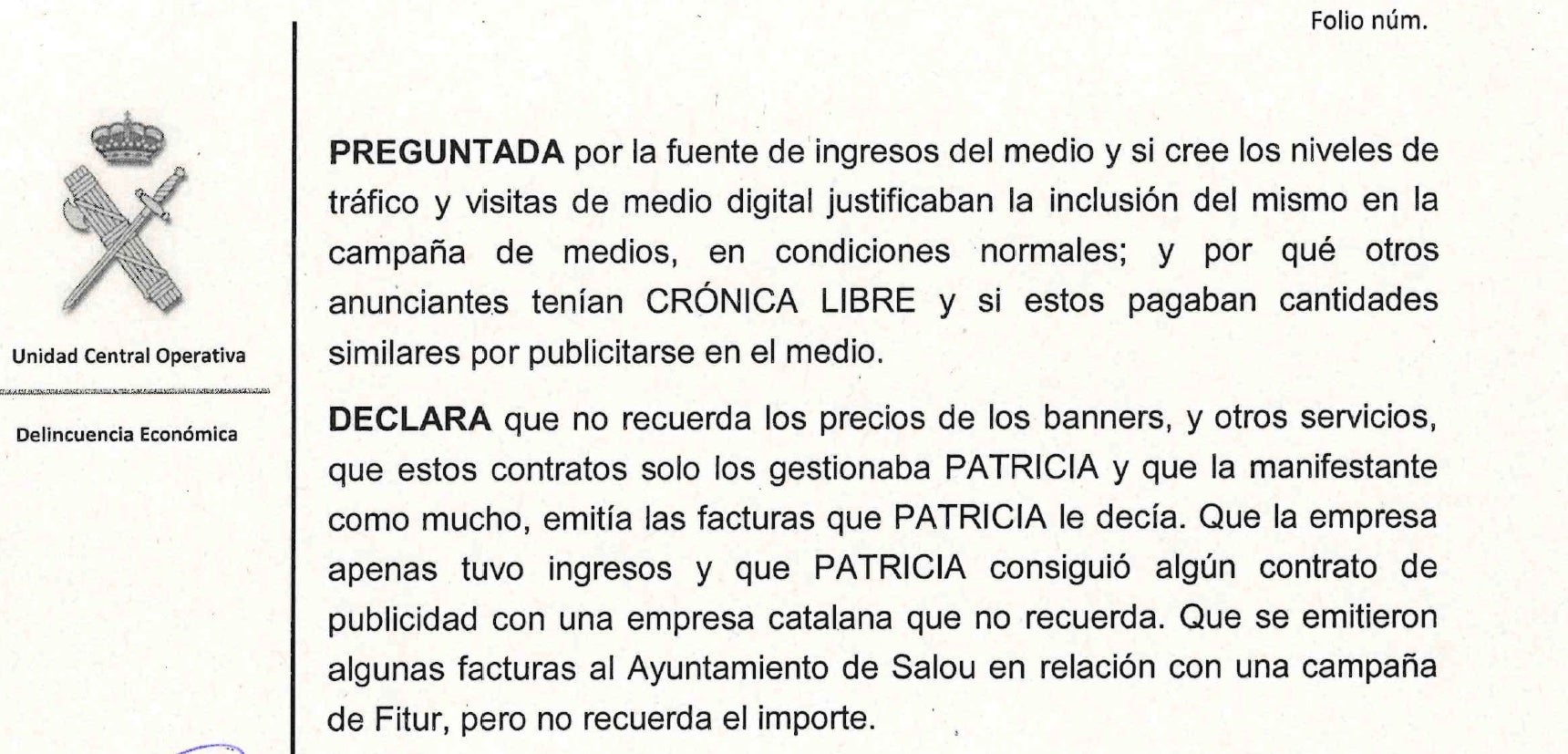 Part de la declaració de Patricia Espinar a la Guàrdia Civil on exposa les relacions comercials de Crónica Libre/QS