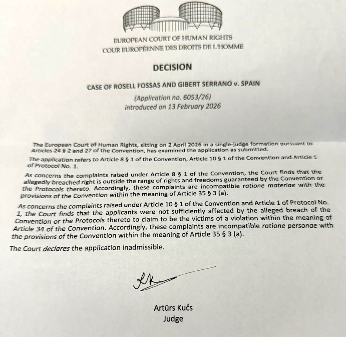 La resolución oficial de inadmisión de la demanda de Acció Cassandra sobre Sixena/QS