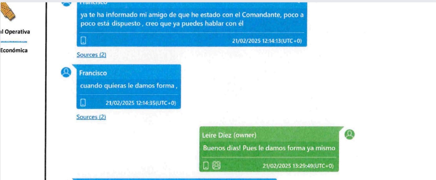 Parte de la conversación de whatsapp entre Leire Díez y Fran Ortega donde conciertan el encuentro con el comandante Villalba/QS
