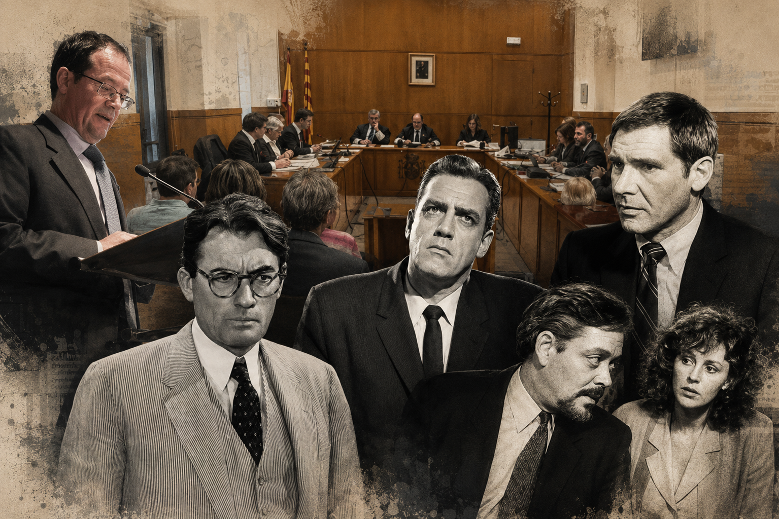 Una imatge del magistrat Del Amo, a la sala de vistes del judici contra Vergés amb diferents personatges icònics del Hollywood legal/Imatge composta amb diverses imatges i passades pel Chatgpt