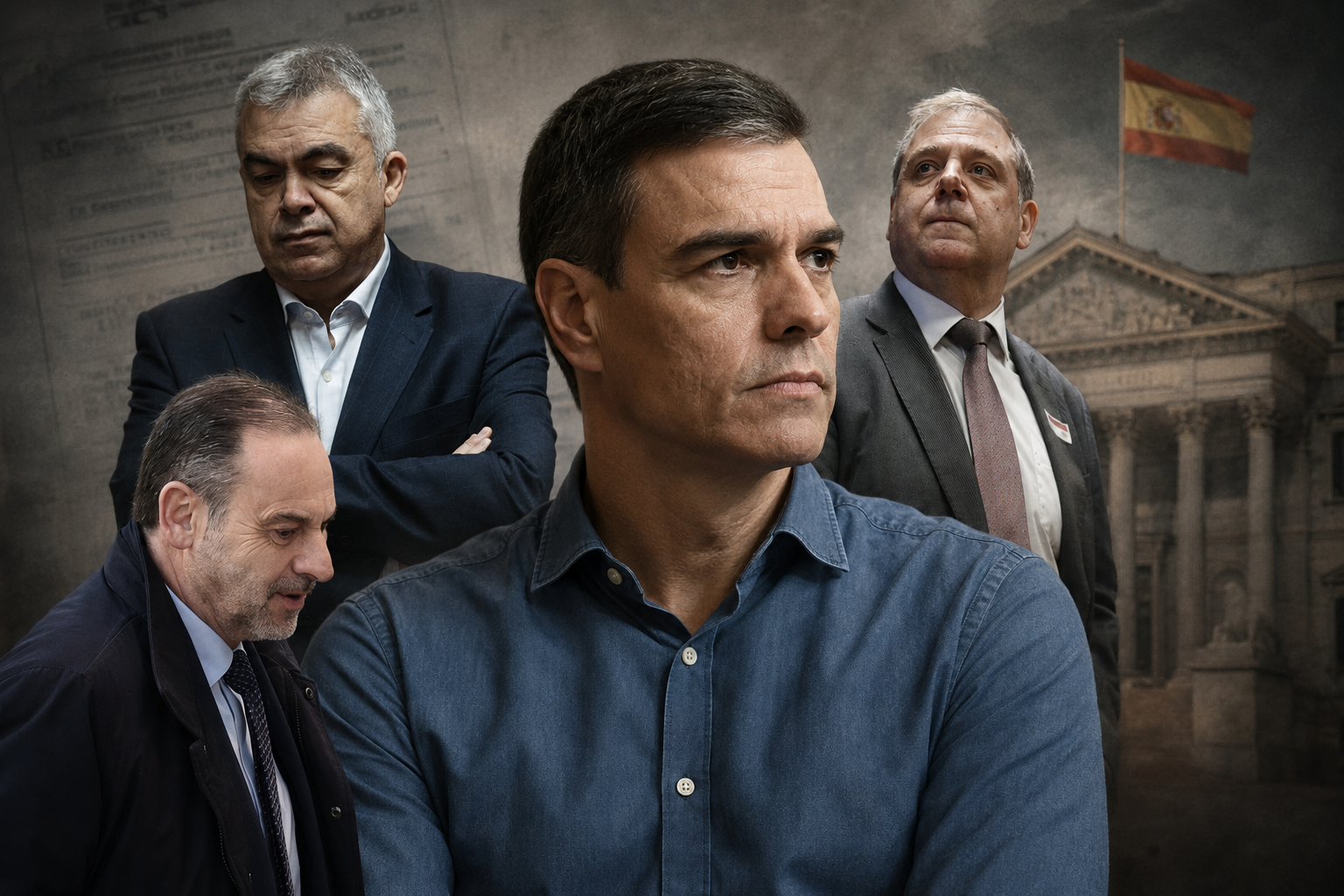 Pedro Sánchez, envoltat de Santos Cerdán, José Luis Ábalos i Juan Manuel Serrano, tots imputats i un condemnat/EP/CHATGPT