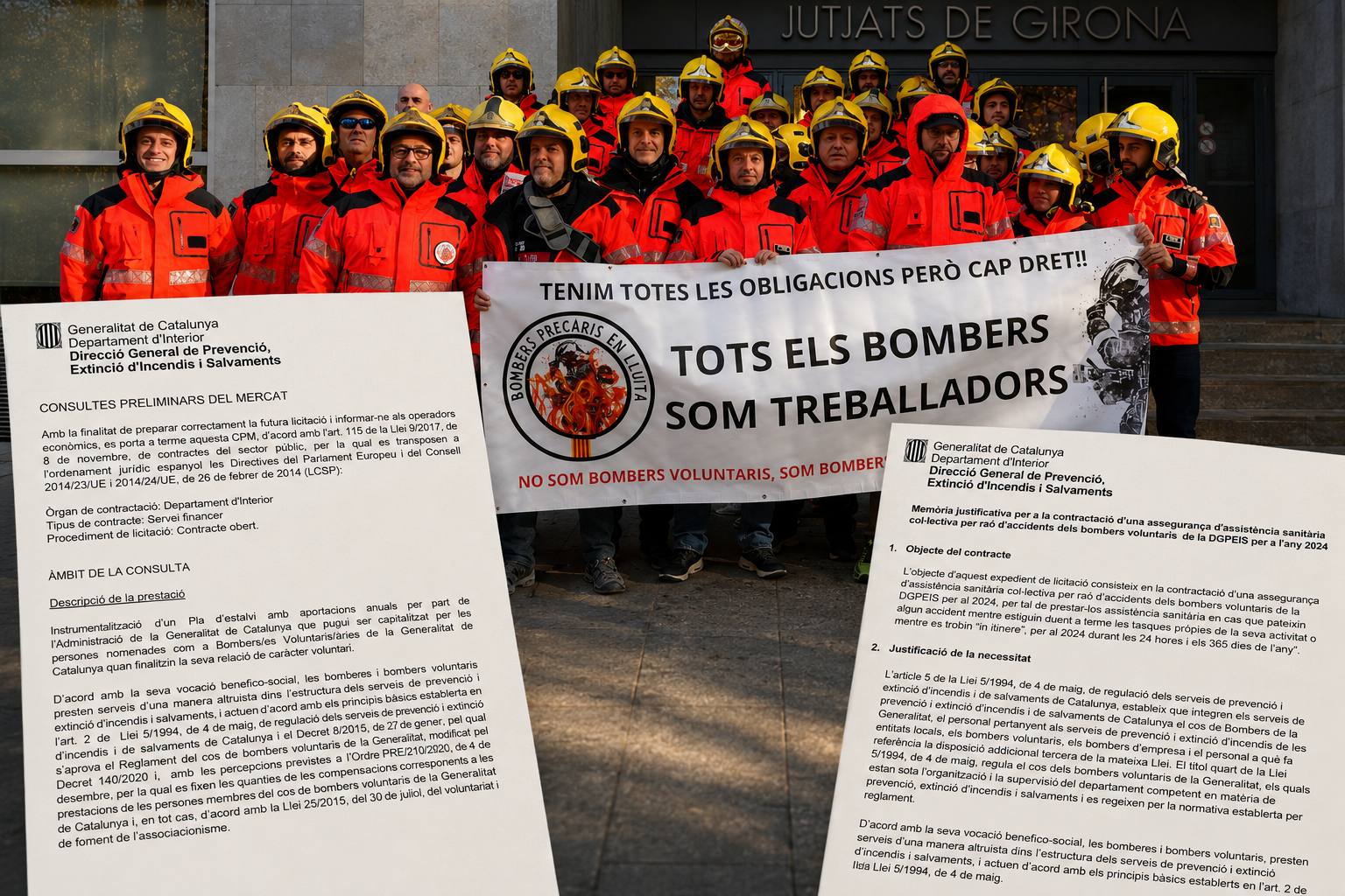 Una imatge dels Bombers Precaris amb documents dels expedients que intentaven arreglar la seva situació/QS