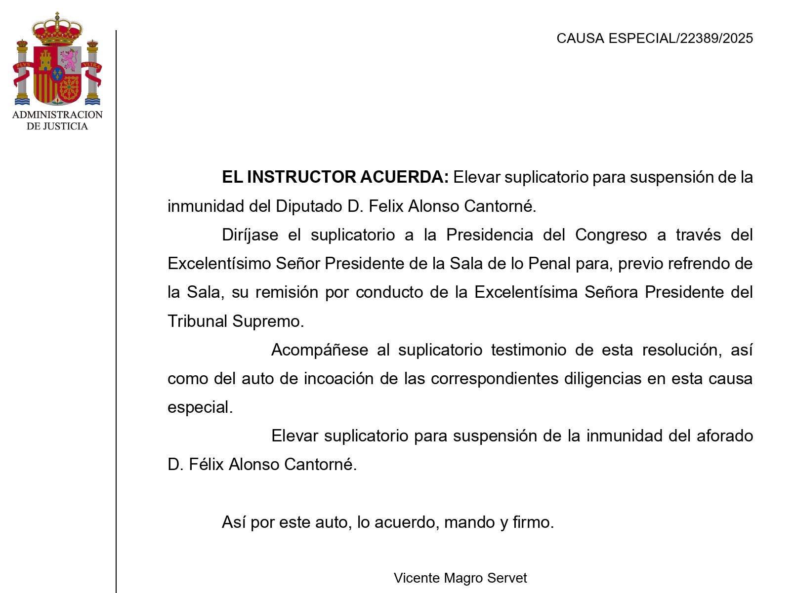 Parte dispositiva del auto con el que el Supremo solicita el suplicatorio para Félix Alonso/QS