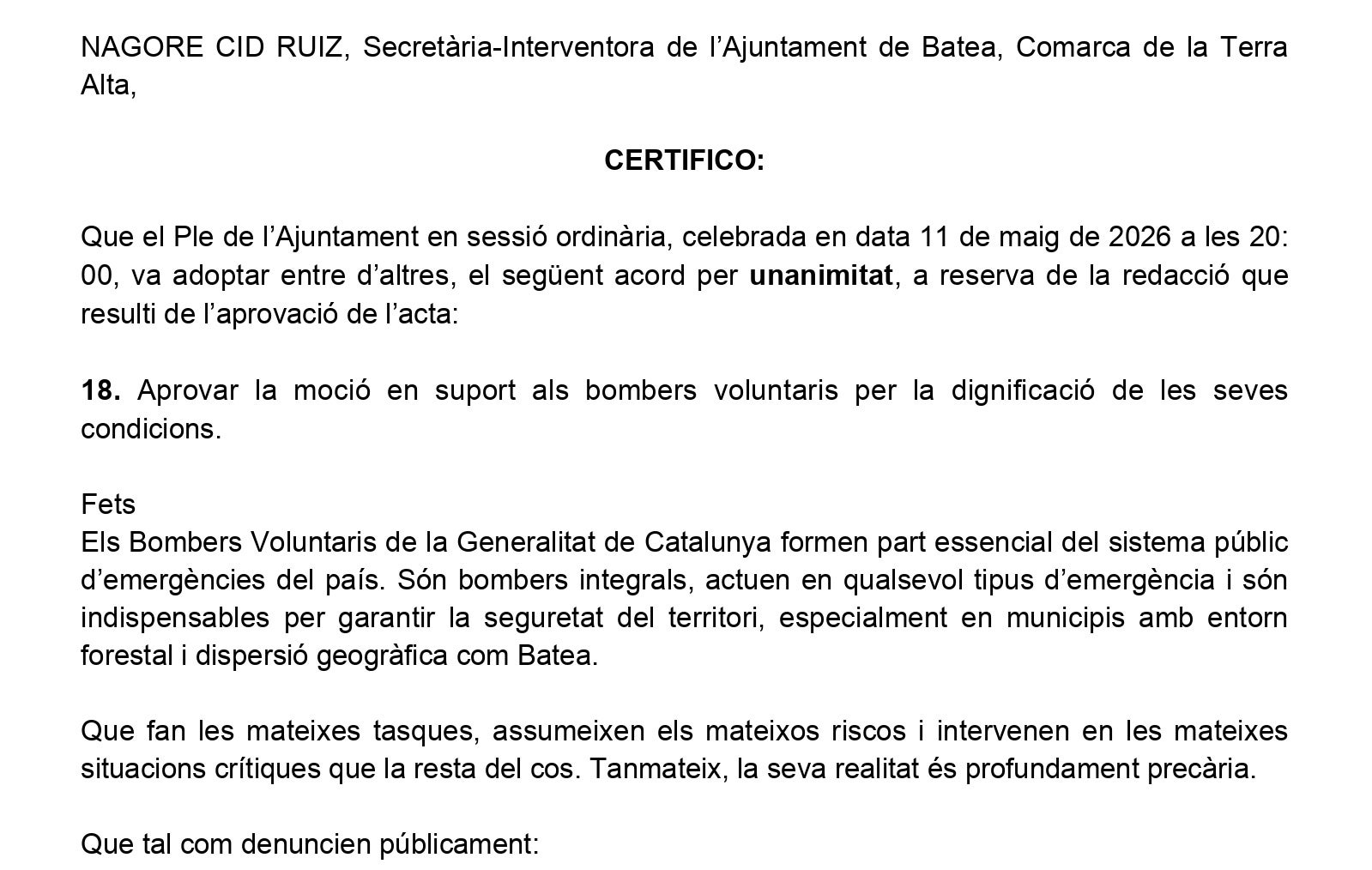 Un ejemplo de una de las mociones de apoyo a los Bomberos Voluntarios, en este caso, Batea/QS