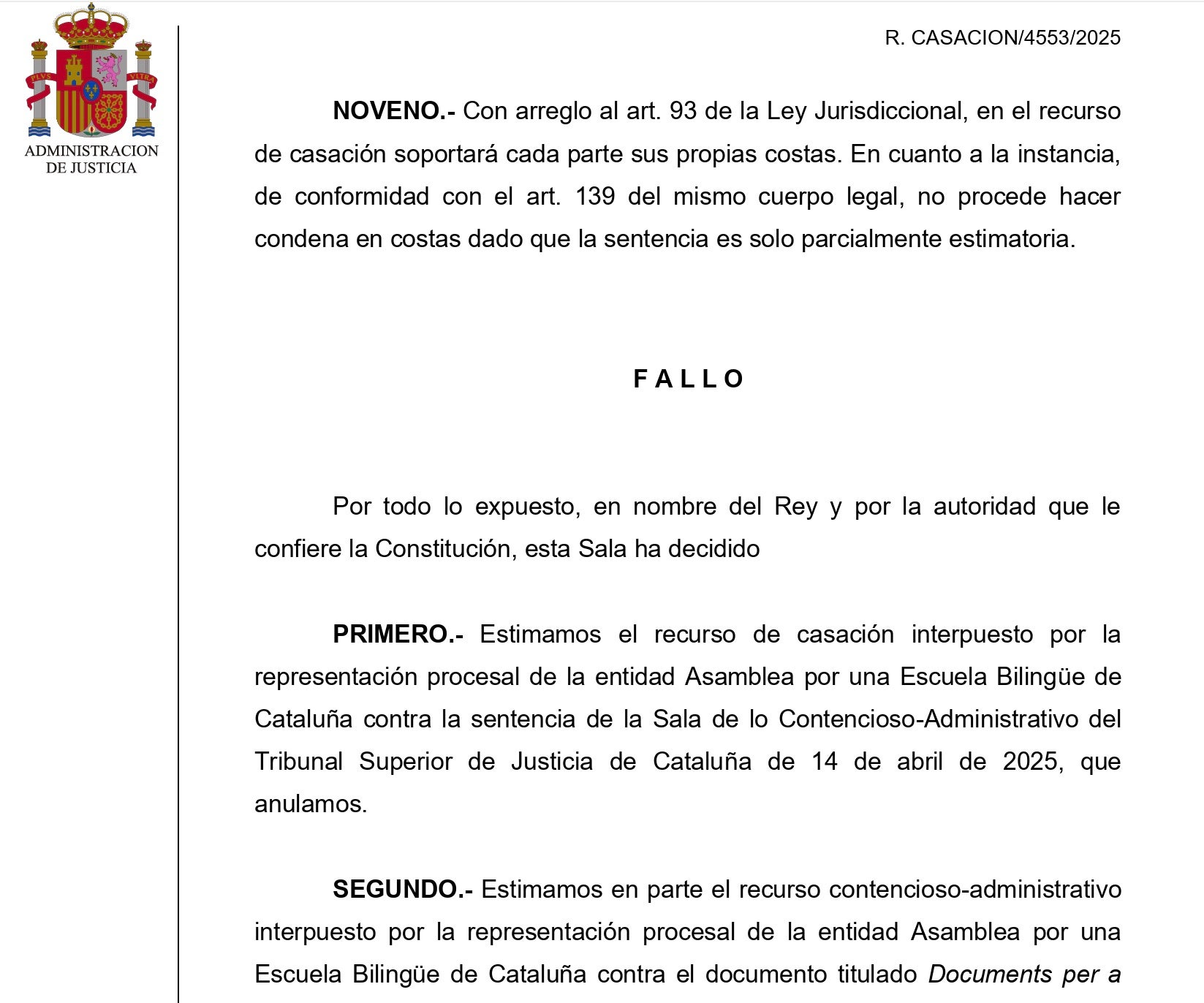Part dispositiva de la sentència sobre els rètols de les escoles catalanes/QS
