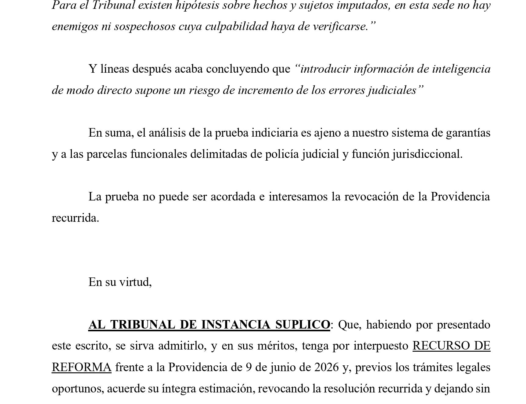 Parte dispositiva del recurso presentado por Martell contra la resolución de la jueza de encomendar a otra unidad judicial los indicios del caso/QS