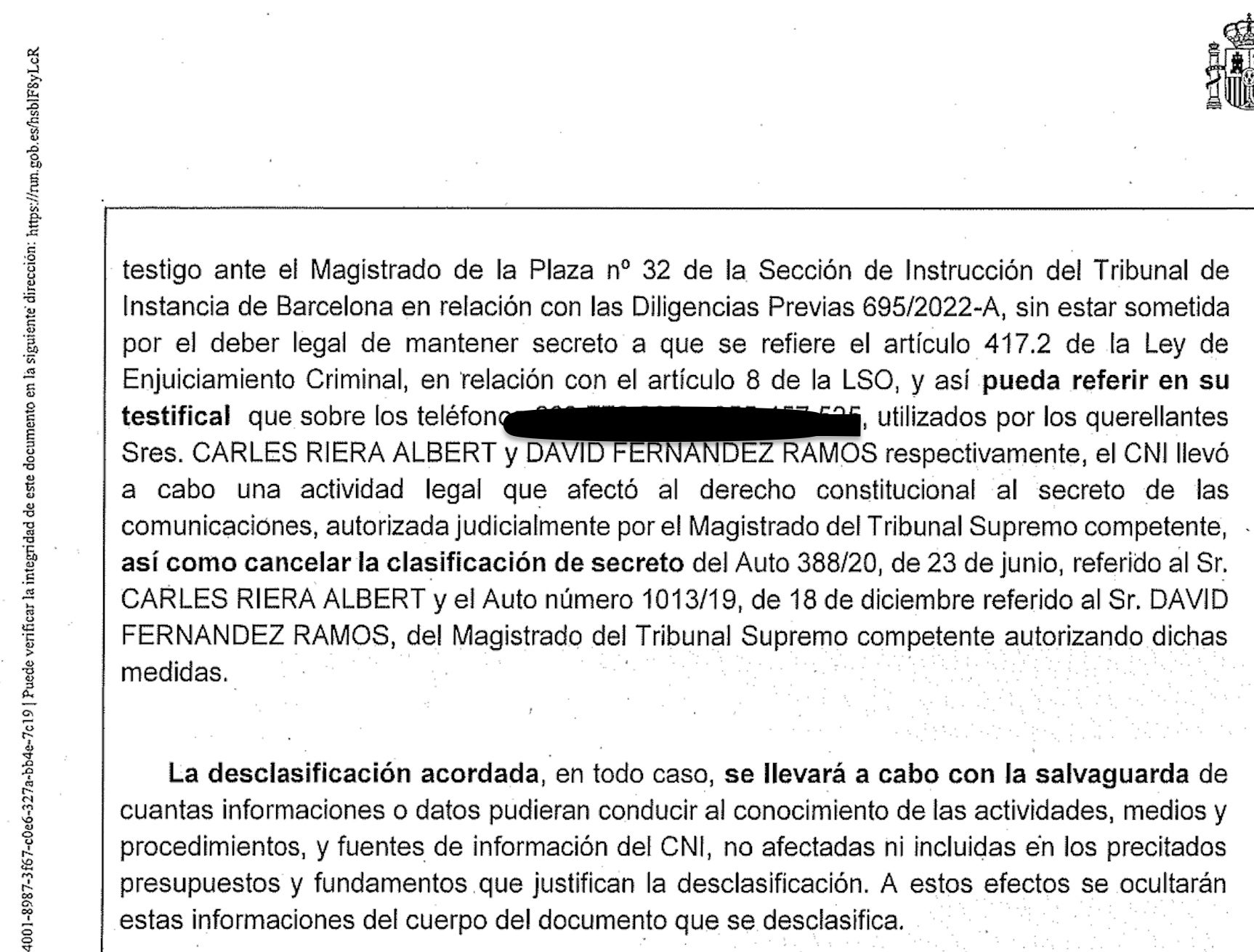 Part dels documents desclassificats sobre el css Pegasus que afecten a Riera i Fernández/QS