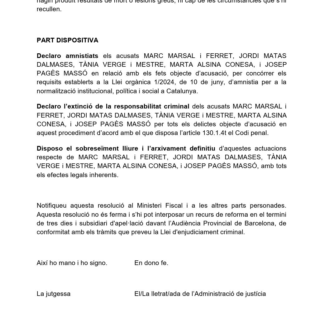 Part dispositiva de la resolució sobre l'amnistia dels Síndics/QS