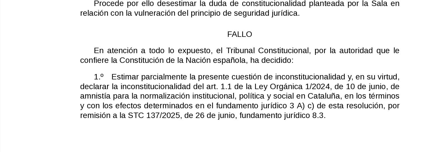 Part dispositiva de la resolució del TC sobre la qüestió d'inconstitucionalitat que va aturar el cas dels indepedentistes de la Mesa del Parlament/QS