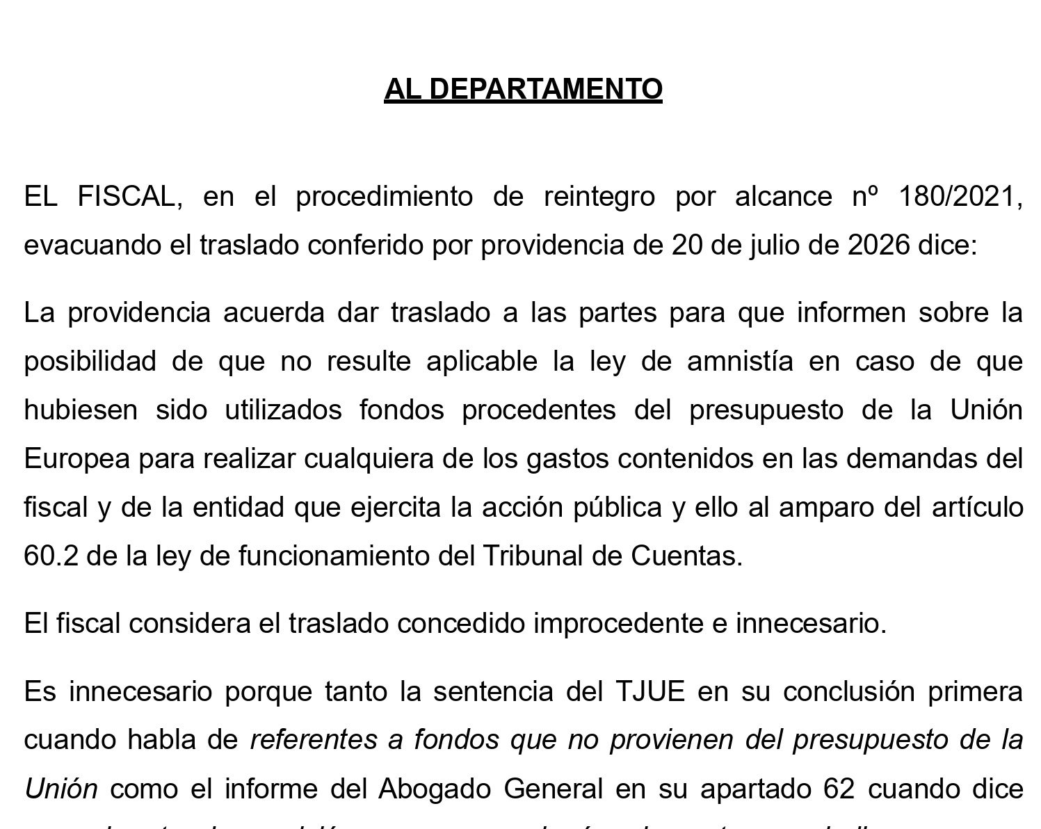Encabezado del escrito de la fiscalía del Tribunal de Cuentas/QS