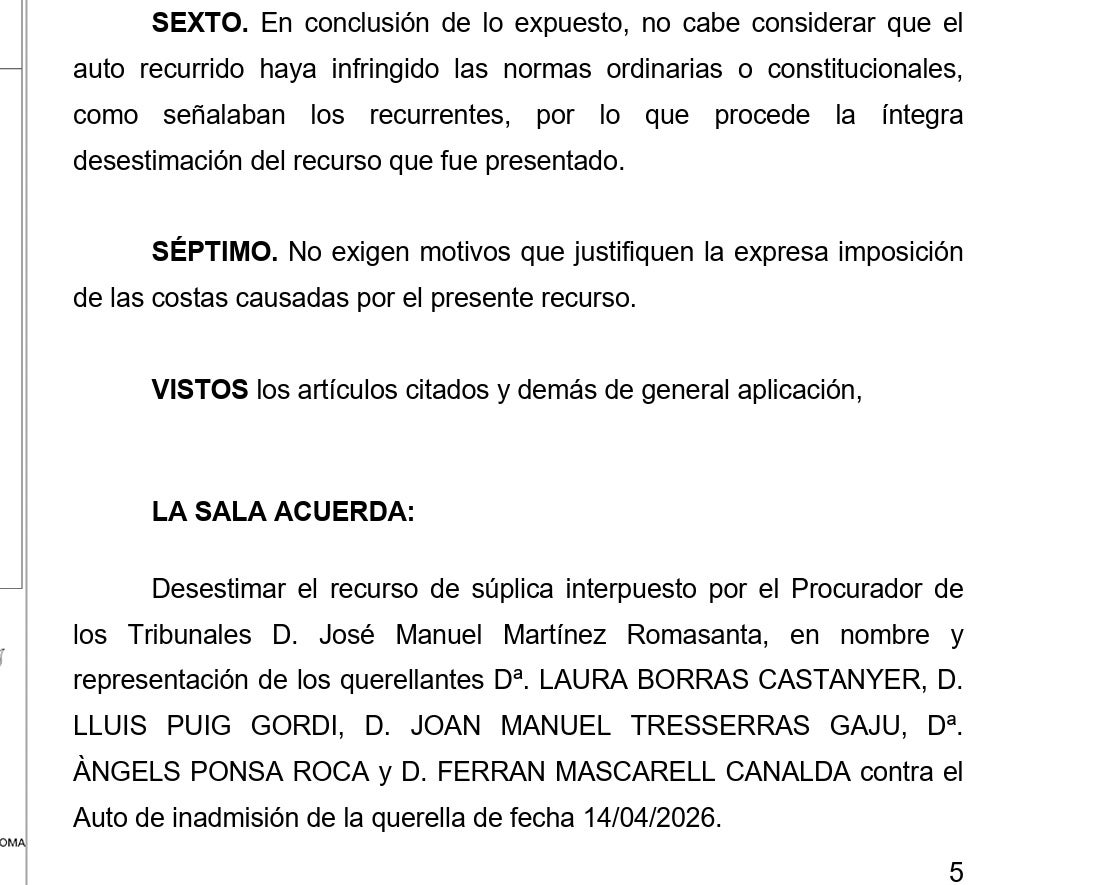 Parte dispositiva del auto de archivo de la querella de los exconsejeros/QS