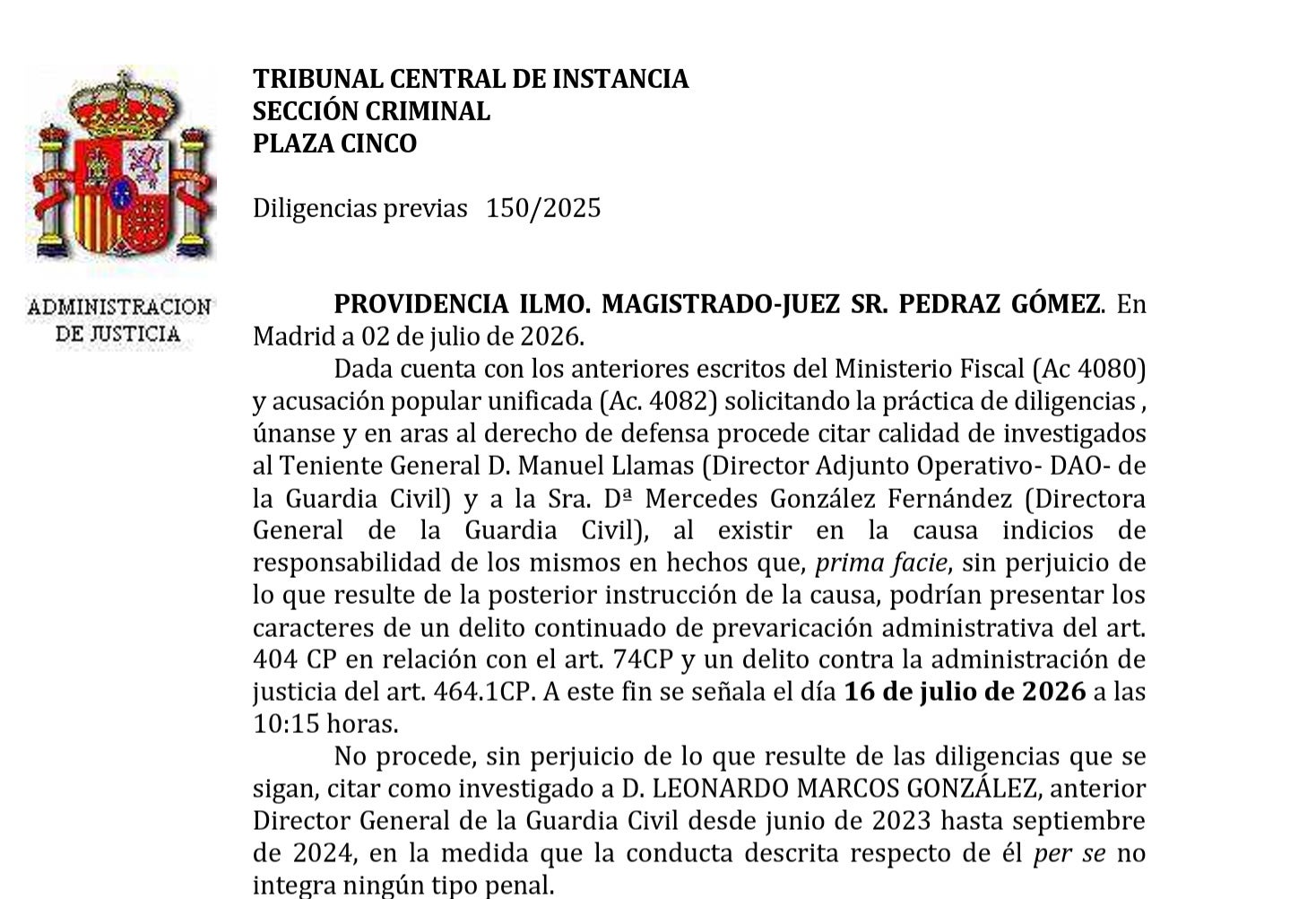Part de la providència de Pedraz, amb què cita com a investigada la directora de la Guàrdia Civil/QS