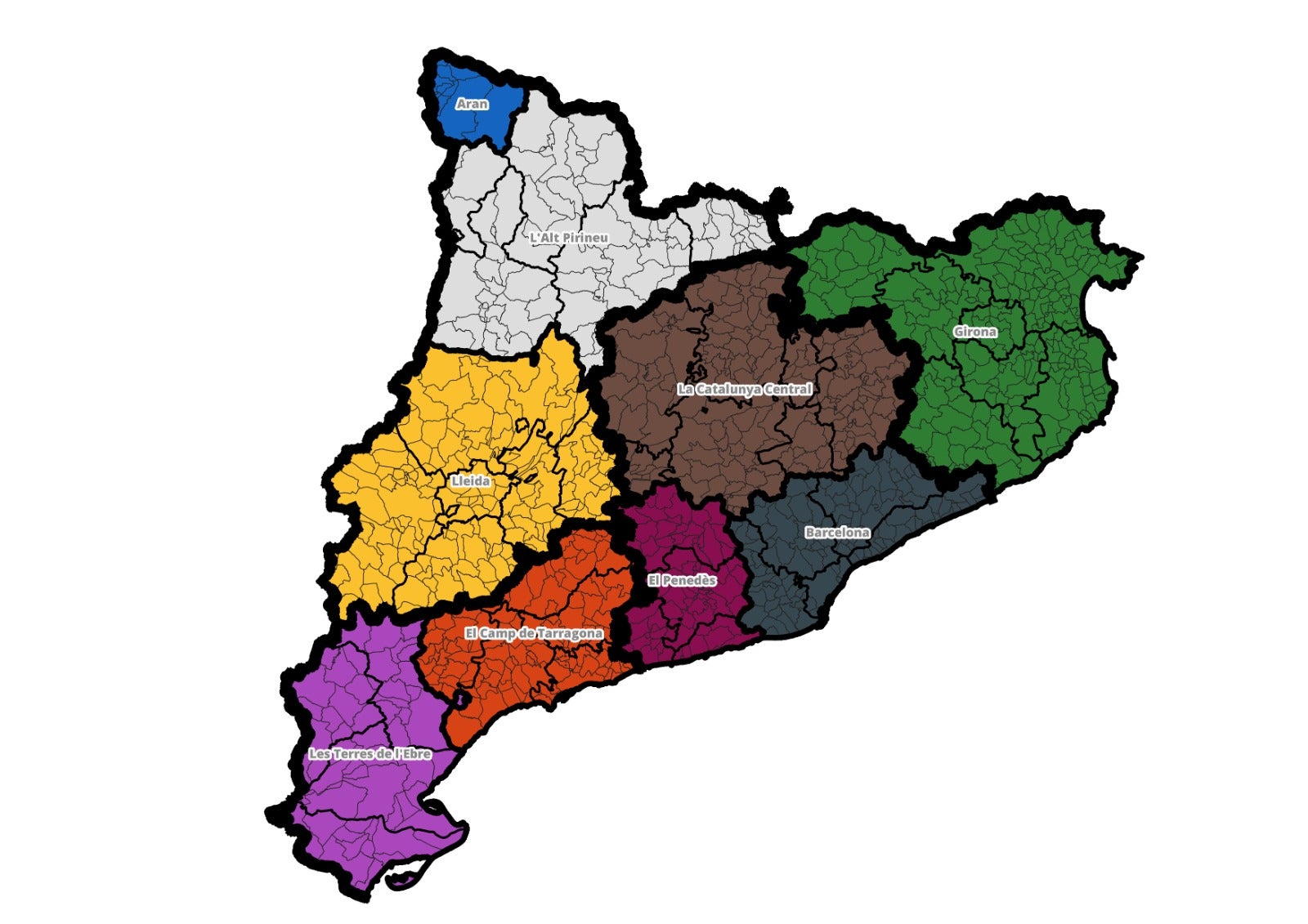 El mapa que esbossa el projecte de la Panadella amb la divisió per vegueries entrada en la demarcació provincial