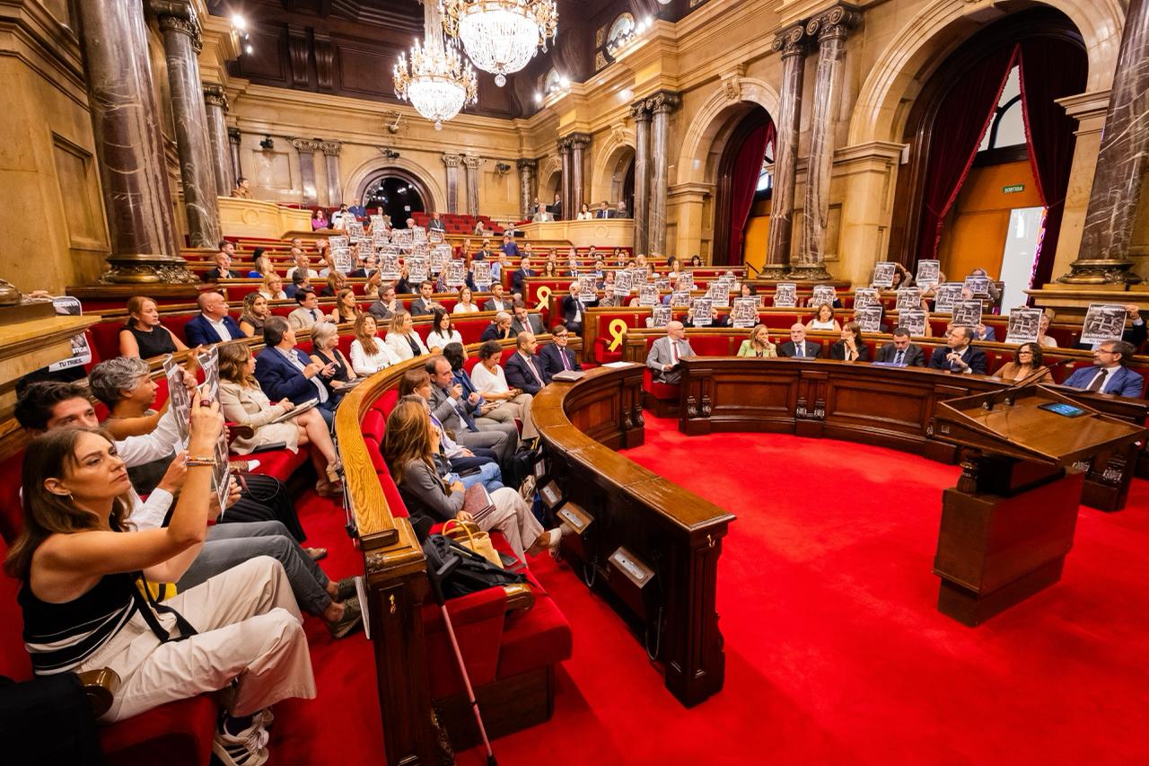 Els diputats de Junts, ERC, els Comuns i la CUP mostrant el cartell de Pere Catal&agrave; i Pic d'una espardenya trepitjant una esv&agrave;stica al Parlament / Cedida
