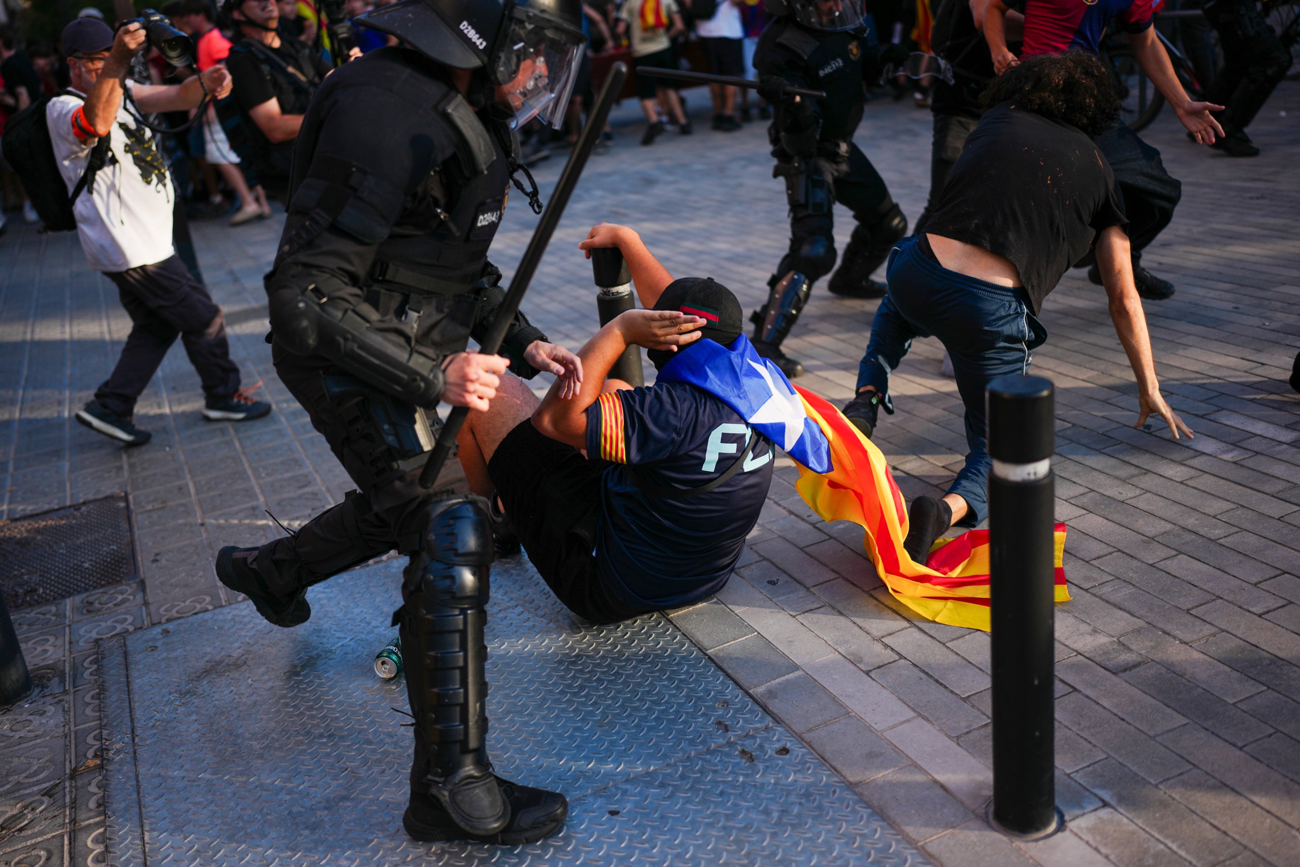 Un mosso carrega contra un independentista amb una estelada, durant la Diada / ACN-Joan Mateu Parra