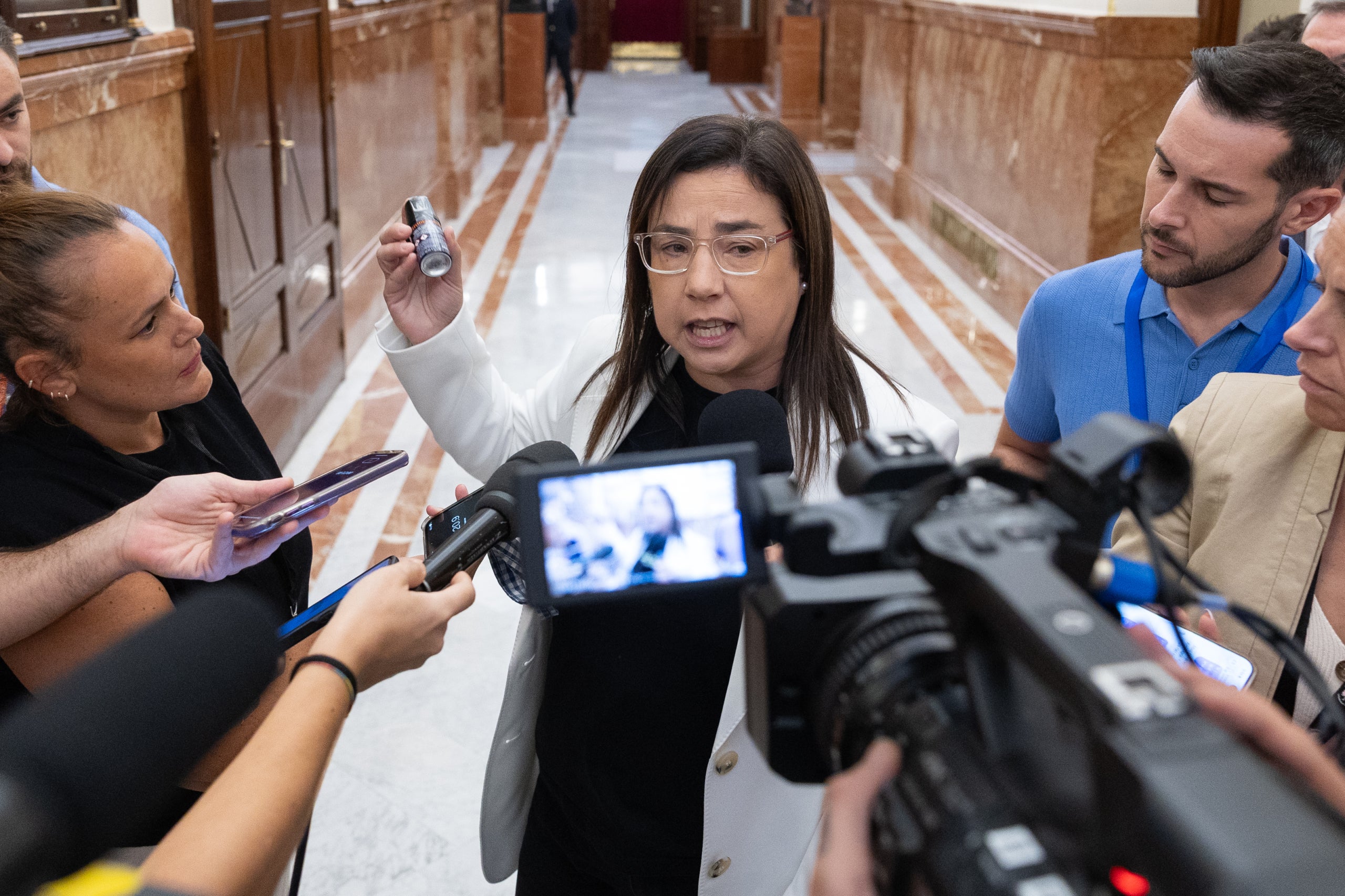 La diputada del PP, Ana V&aacute;zquez, despr&eacute;s de ser expulsada per portar un pot de gas pebre / Jes&uacute;s Hell&iacute;n / Europa Press
