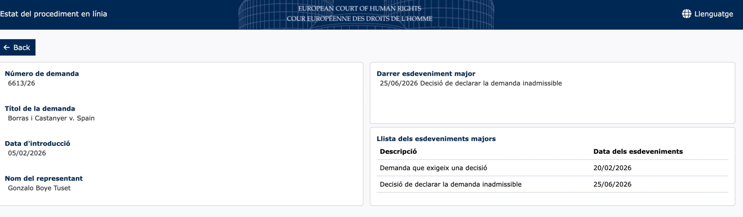 Certificado del TEDH conforme declara inadmisible la demanda de Borràs/QS