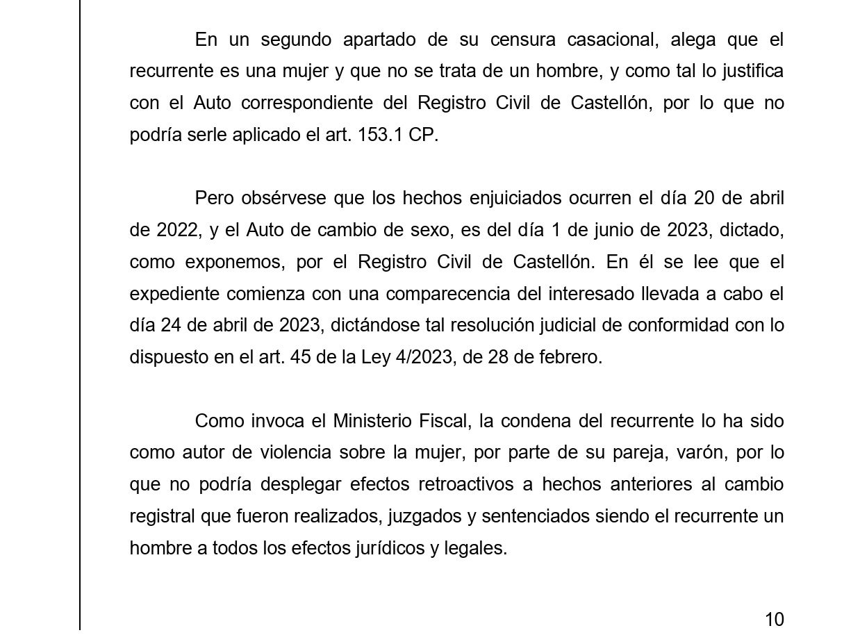 Part de la resolució del Tribunal Suprem sobre els efectes del canvi de sexe en un condemnat per violència de gènere/QS