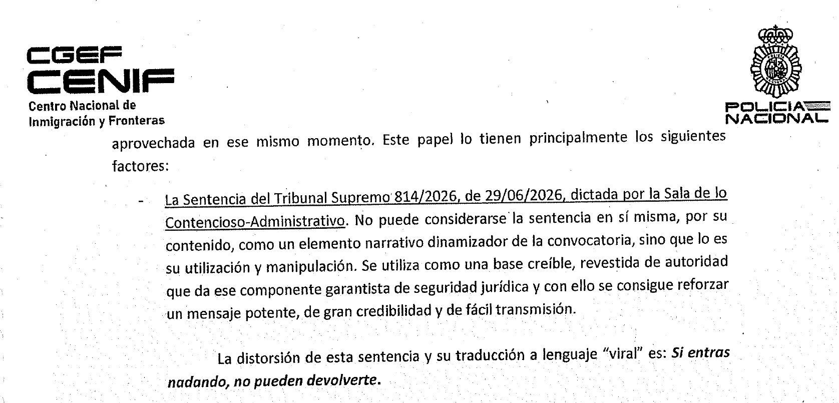 Parte del informe policial que aporta la sentencia sobre las devoluciones en caliente como efecto causante de la llegada masiva de migrantes a Ceuta/QS
