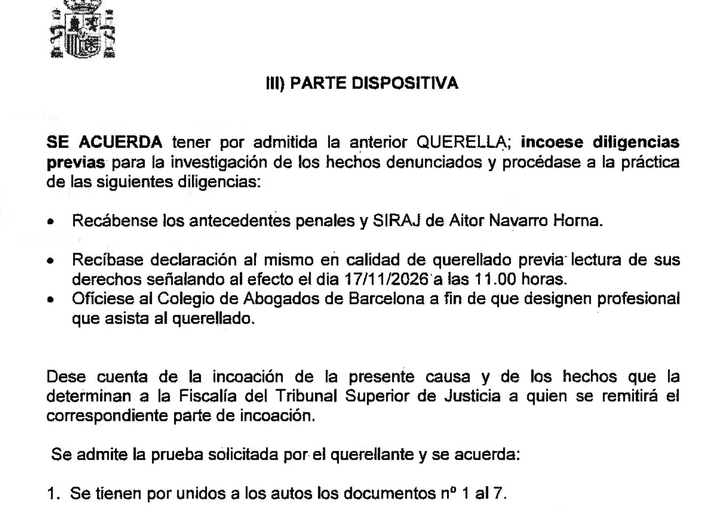 Part de la diligència que cita com investigat Aitor Navarro de Vox Santa Coloma/QS