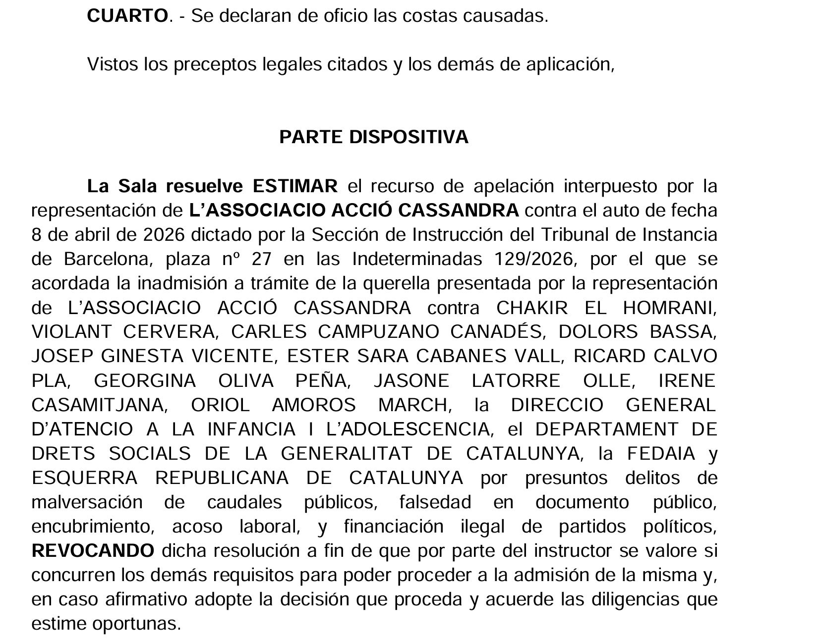 Part dispositiva de la resolució de l'Audiència que reobre el cas DGAIA/QS