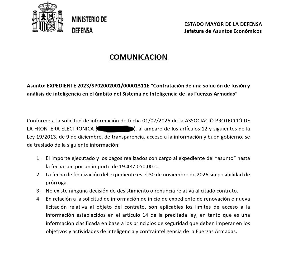 Nota Informativa del Estado Mayor de la Defensa a APFE/APFE