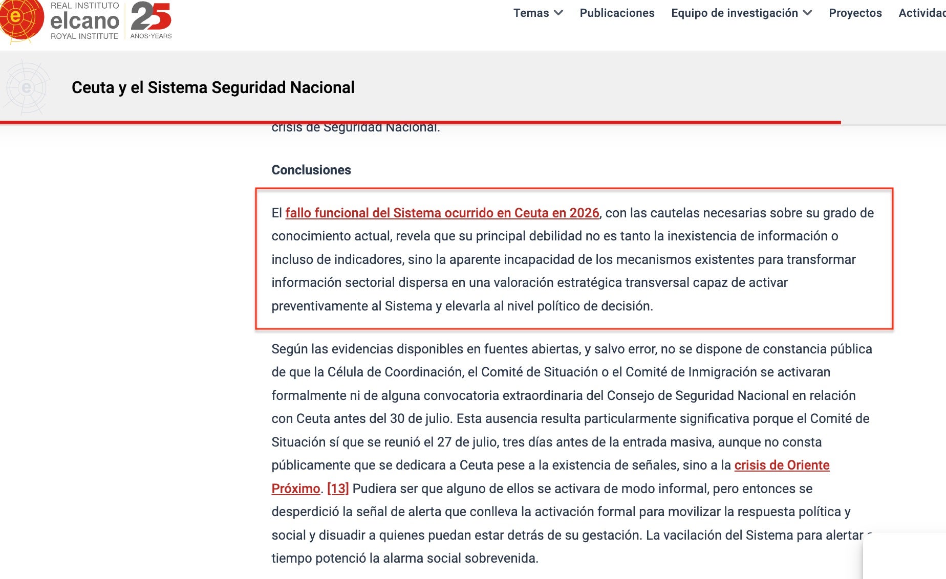 Part de l'informe on reconeix errades de l'aplicació del Sistema de Seguretat Nacional (RIEL)