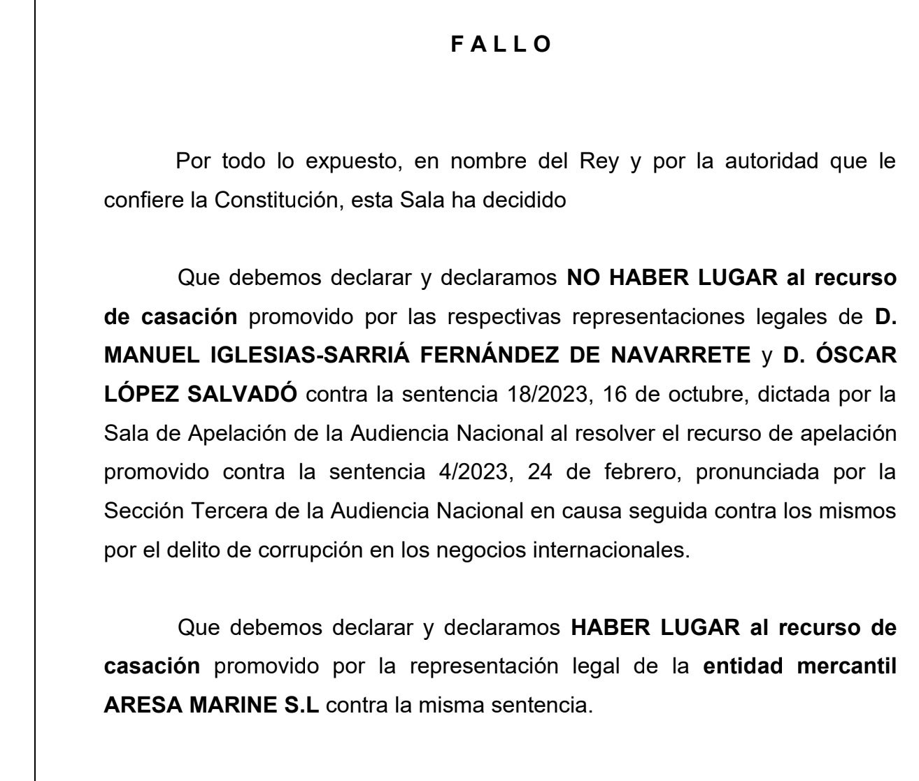 Part dispositiva de la sentència sobre Defex Camerun/QS