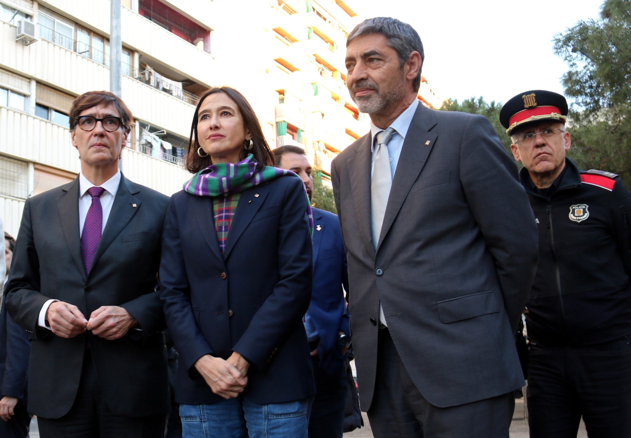 El president de la Generalitat, Salvador Illa, la consellera d'Interior, Núria Parlon, i el fins ara director general de Policia, Josep Lluís Trapero, i el comissari en cap del cos ara sortint, Miquel Esquius, el gener del 2025, quan encara no havia esclatat la tensió / ACN