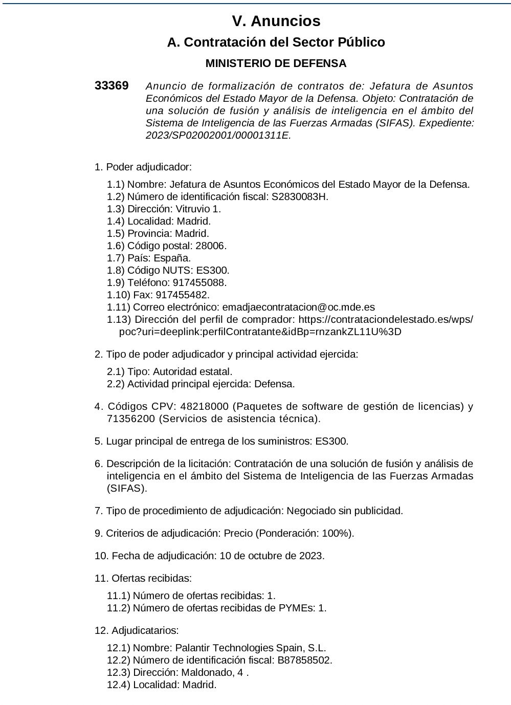 Parte de la contratación a Palantir del año 2023/BOE