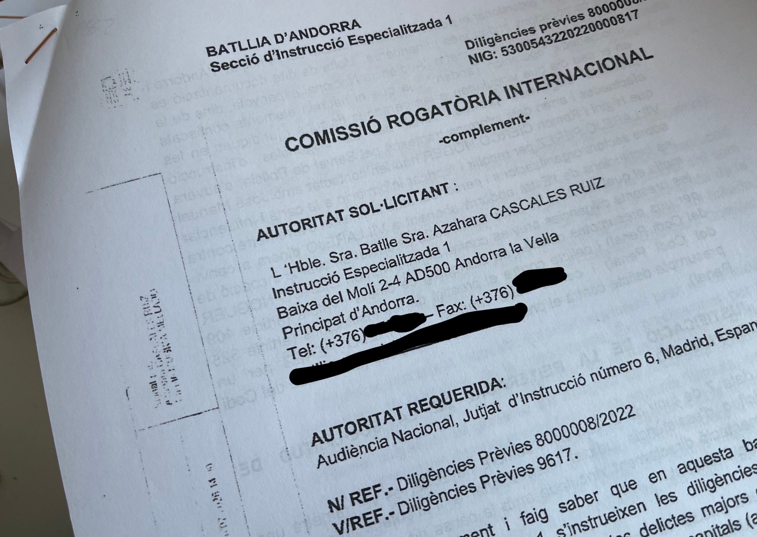 Capçalera de lacomissió rogatòria nova que ha enviat la justícia andorrana per remenar secrets d'Estat espanyols/QS