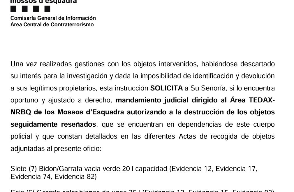 Parte del informe de los Mossos pidiendo que se destruya material del 17-A en Alcanar/QS