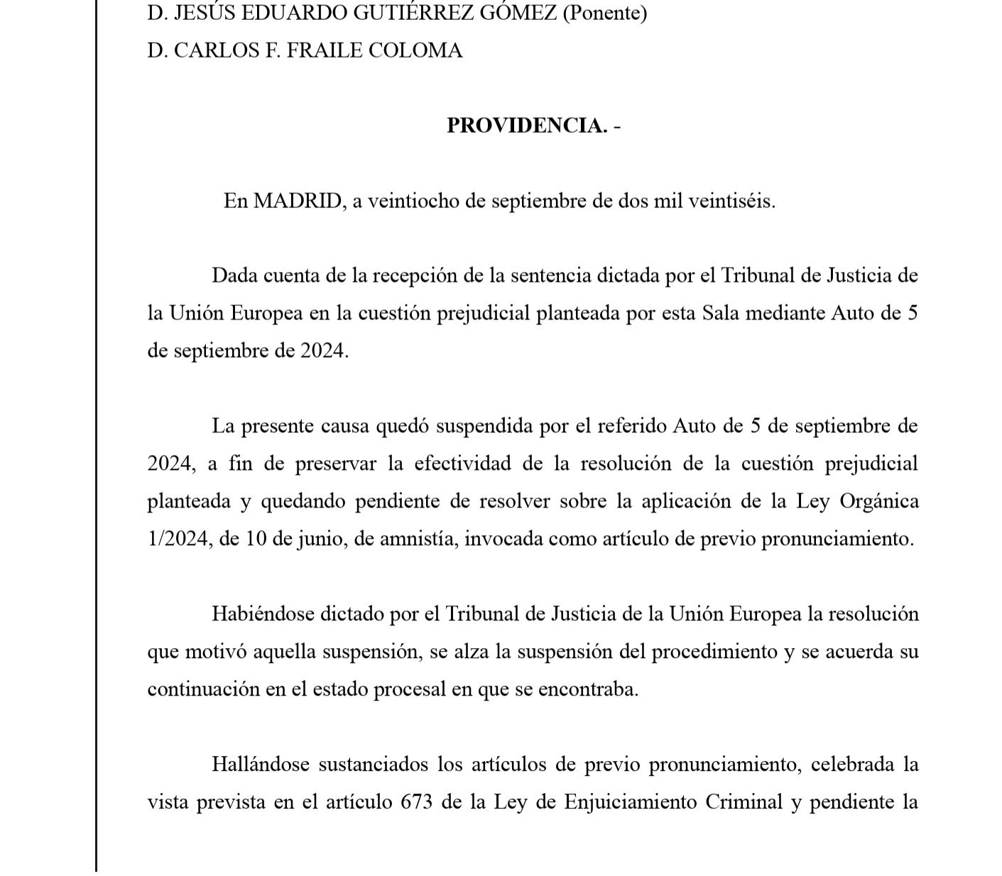 Part de la providència sobre l'aplicació de l'amnistia als acusats en l'operació Judes/QS