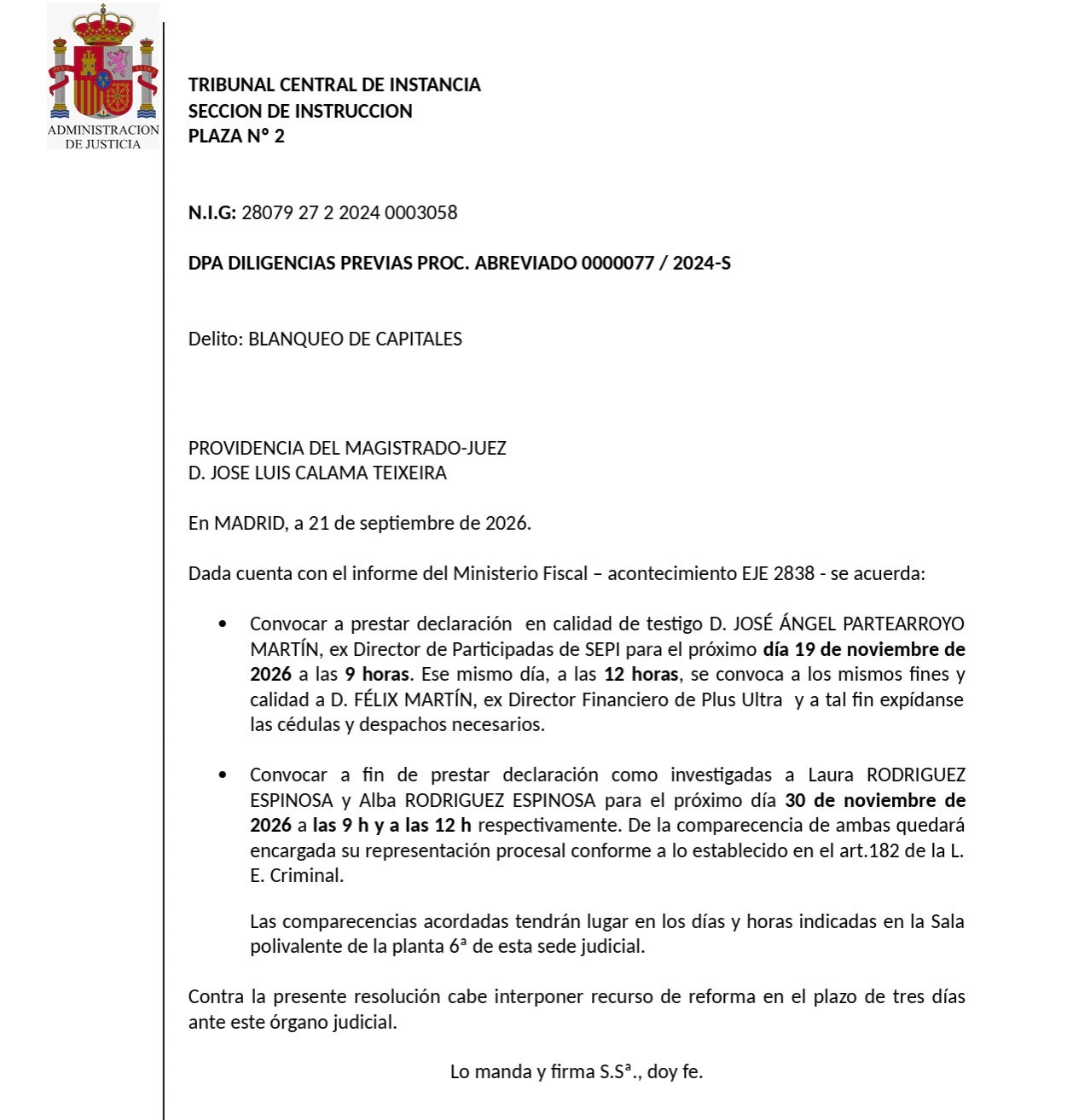 La providència del jutge Calama amb què cita les filles de Zapatero/QS