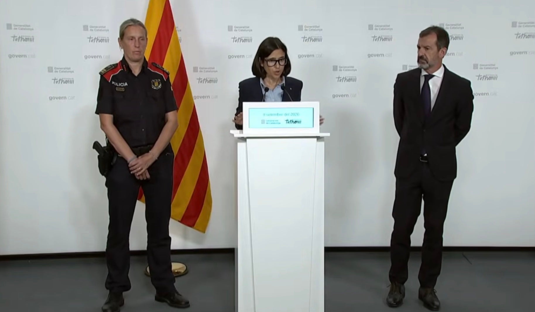 Sílvia Catà, Núria Parlon i Ferran López, en la presentació dels canvis a Interior i la cúpula dels Mossos d'Esquadra