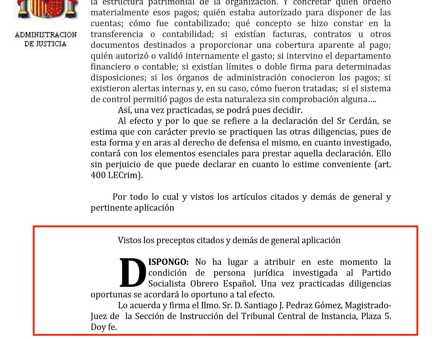 Part dispositiva de la interlocutòria de Ferraz amb què evita imputar el PSOE/QS
